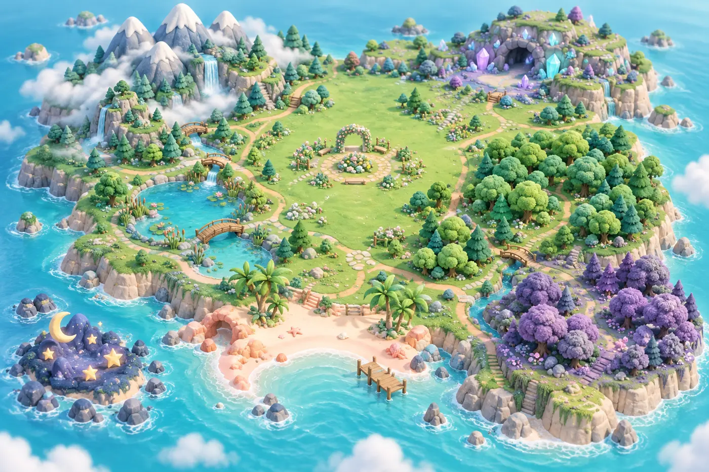 The Littlekin world map with meadows, forests, shores and distant places