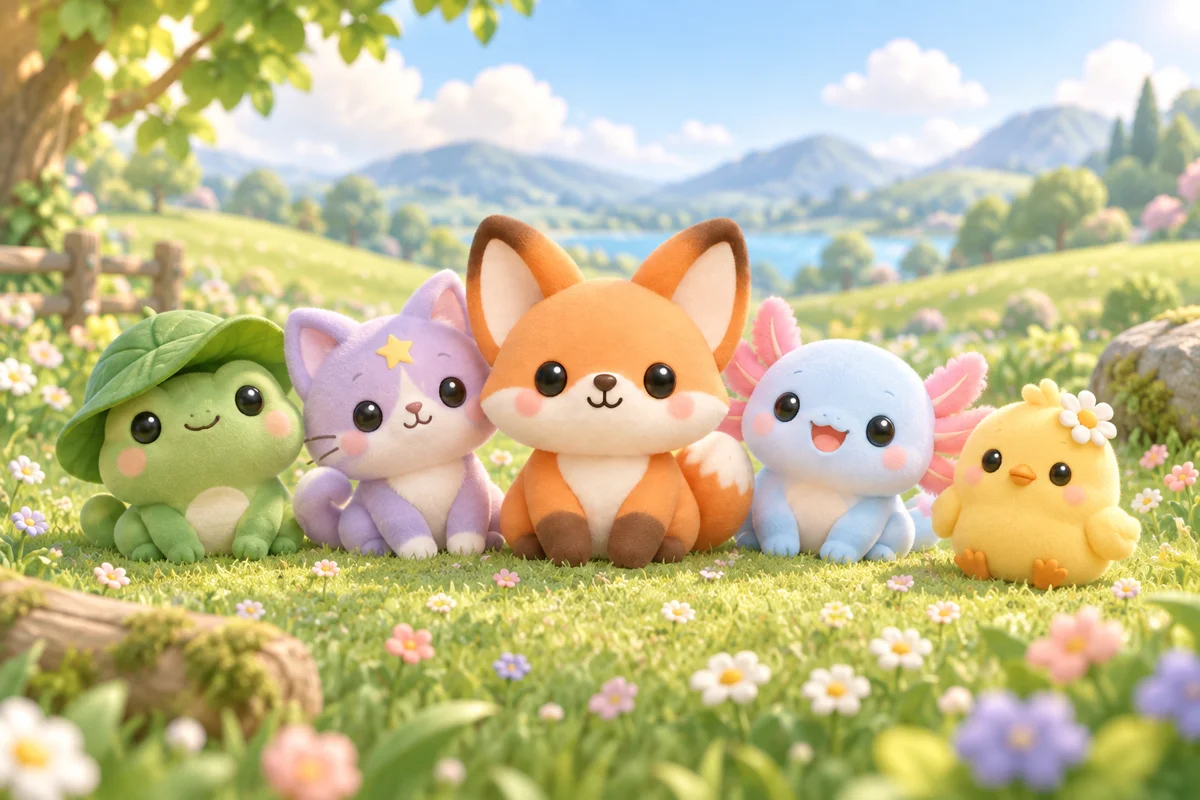 A Peach Fox, Starlight Cat, Sprout Frog, Cloud Axolotl and Daisy Chick waiting together in a sunny meadow